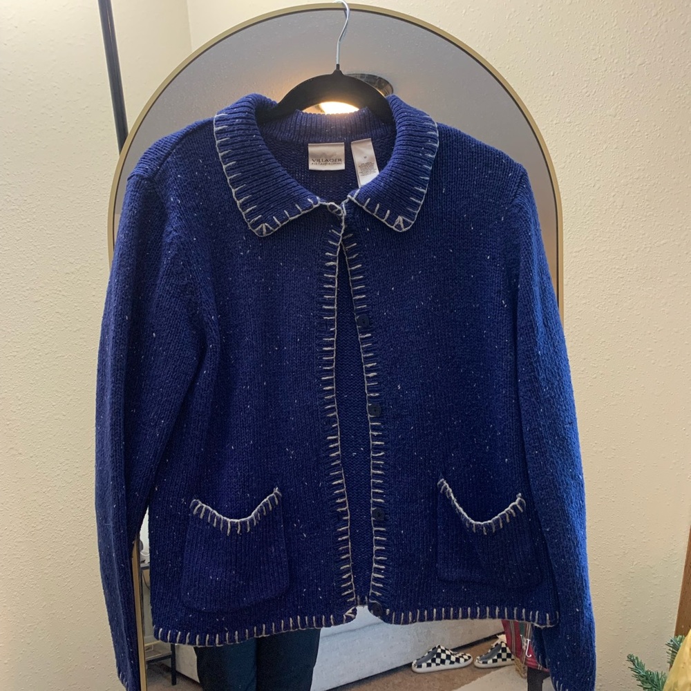 Villager by Liz Claiborne Navy Blue Women's Blazer with White Stitching vintage